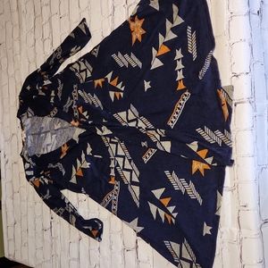 LuLaRoe Sarah long duster sweater in blue with geometric print